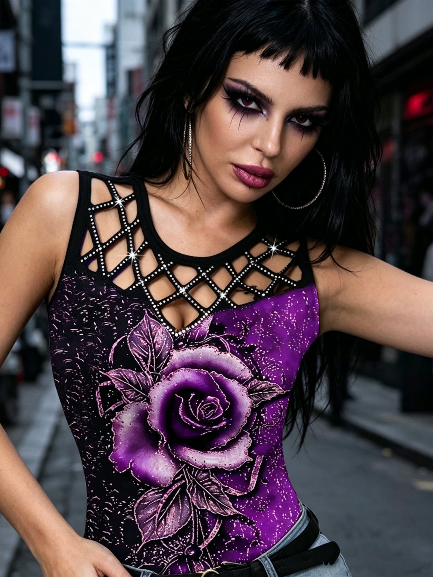 Wish3D Rose-Patterned Openwork Rhinestone Crop Top