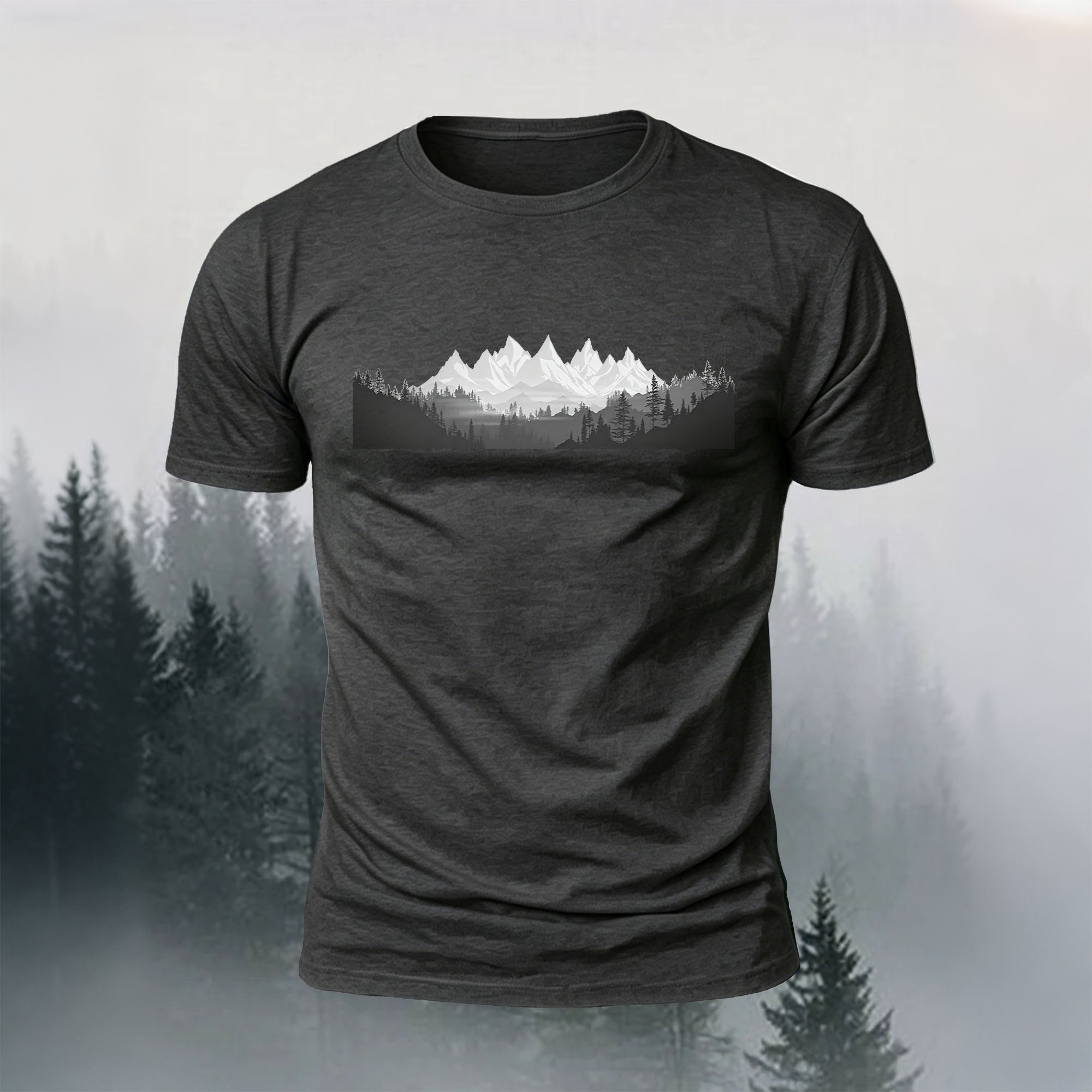 Mountain Forest Print Casual Comfortable T-Shirt Dark Grey