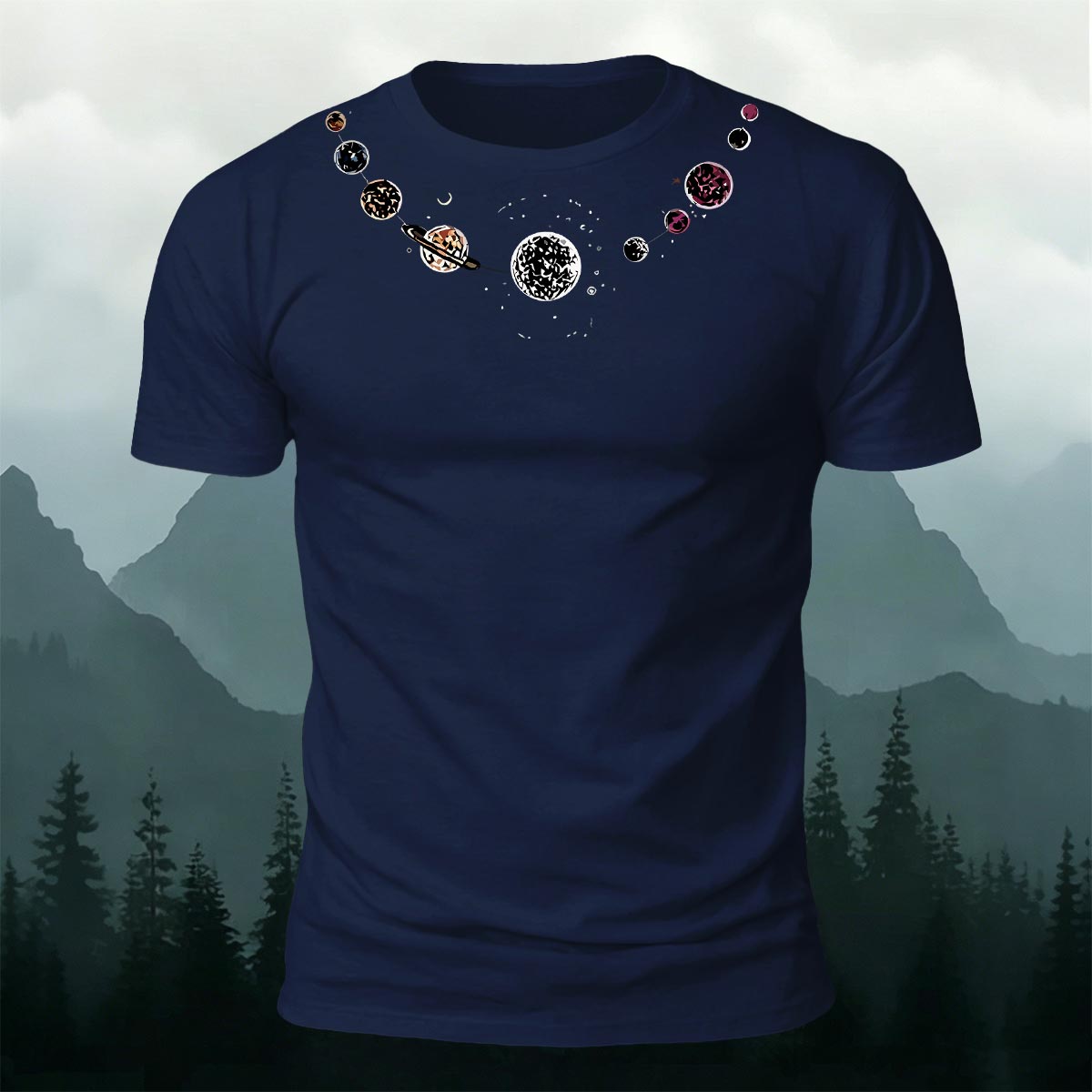 Fashionable Planet-Print Casual Cotton T-Shirt Navy