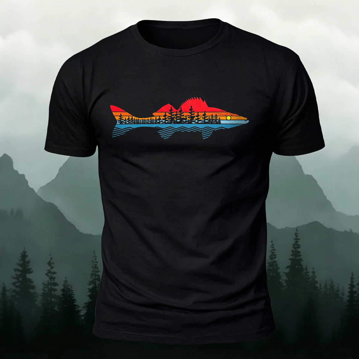 Morning Fishing Background Print Combed Cotton T-Shirt