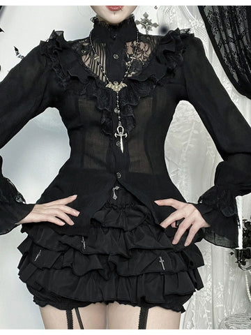 Halloween Lace-Cutout Dark-Style Long-Sleeve Shirt