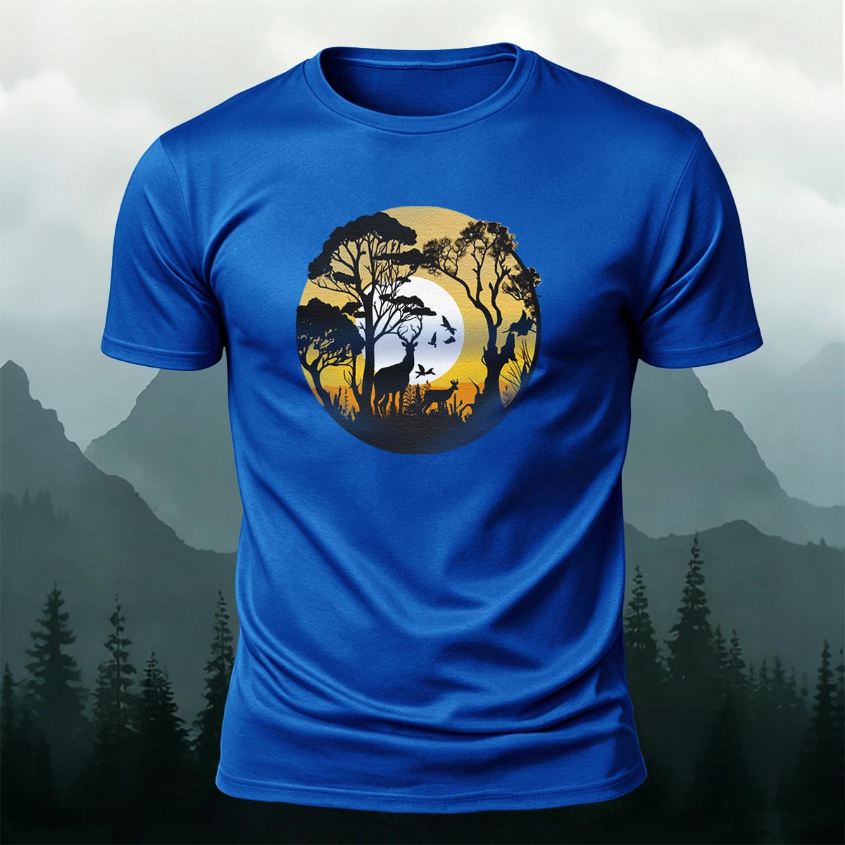 Lone Wolf in the Twilight Forest Printed Cotton Crew Neck T-Shirt