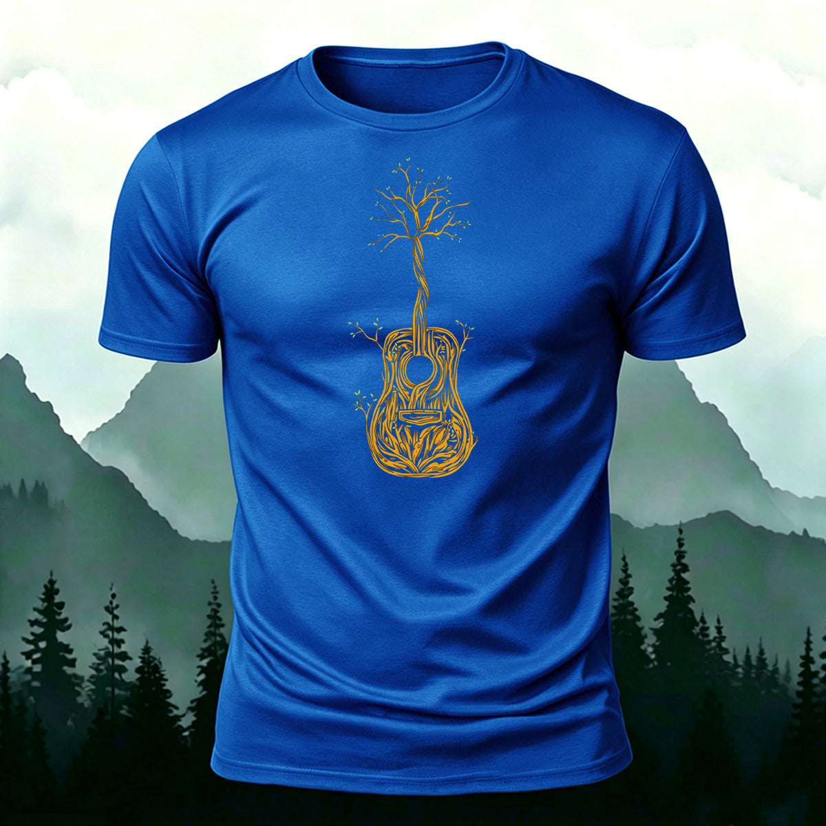 Artistic Tree Print Premium Cotton Casual T-Shirt Blue