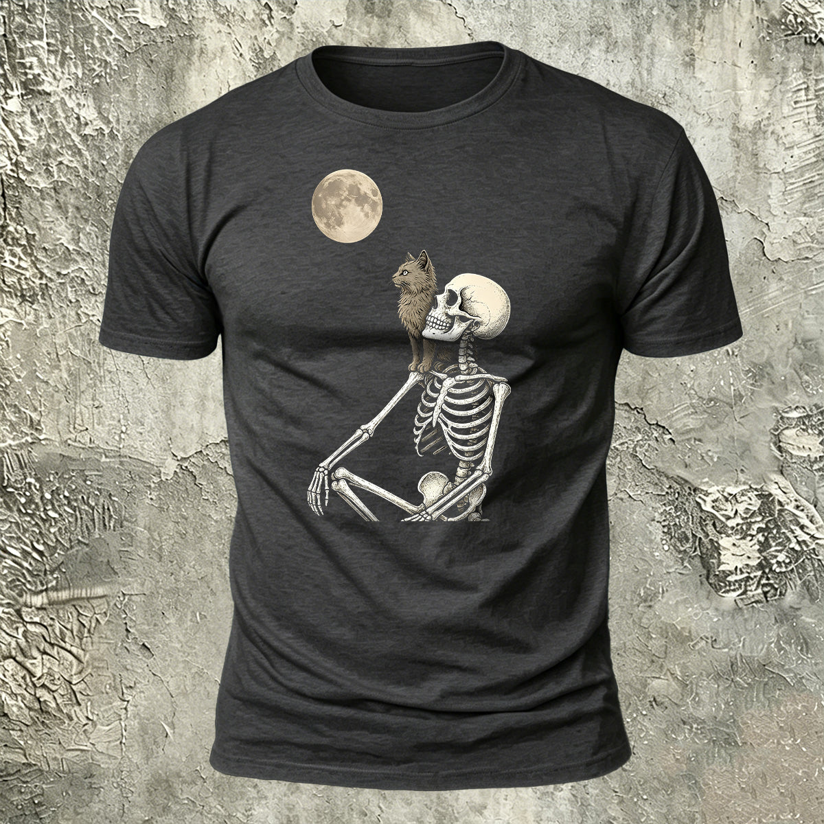 White Skull Moon-Print Casual Cotton T-Shirt