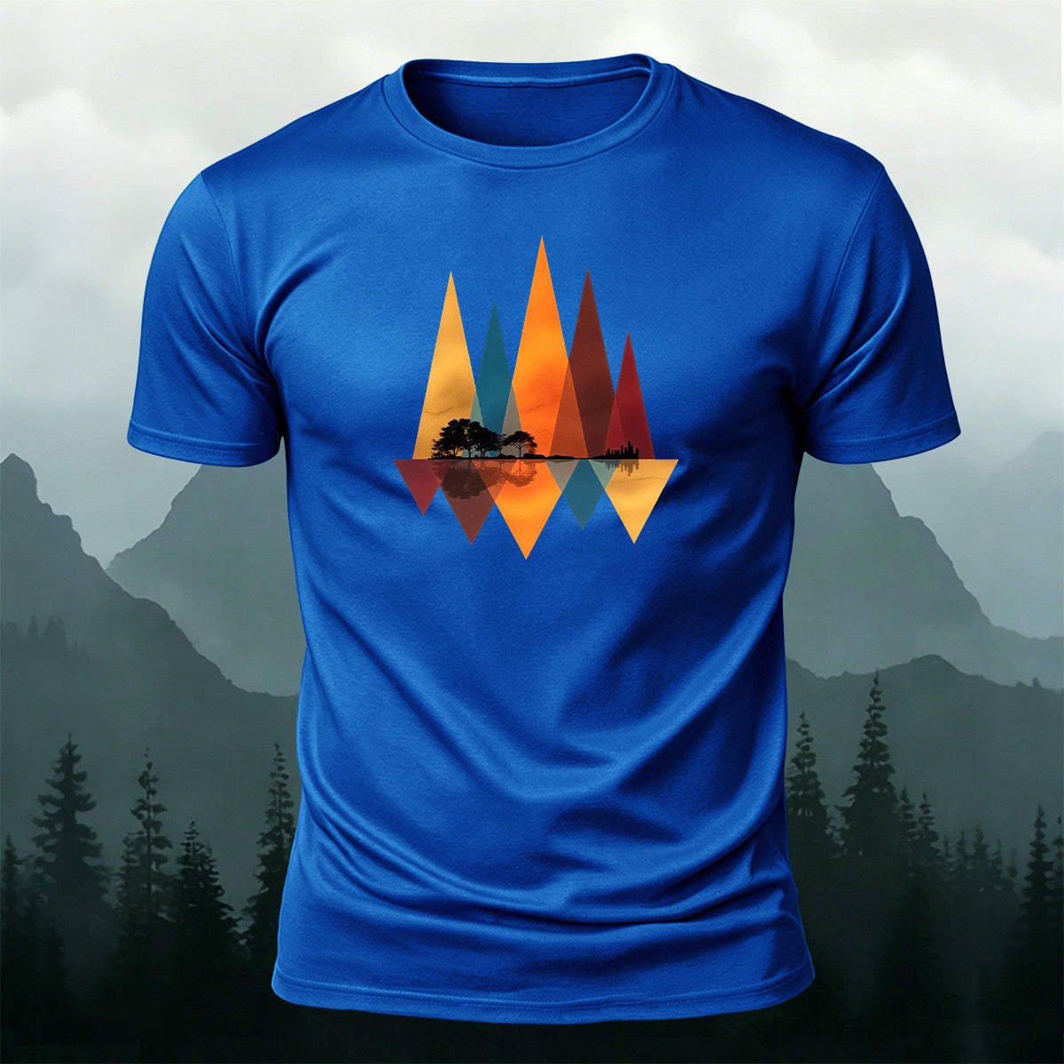 Geometric Mountain Reflection Print Cotton T-Shirt