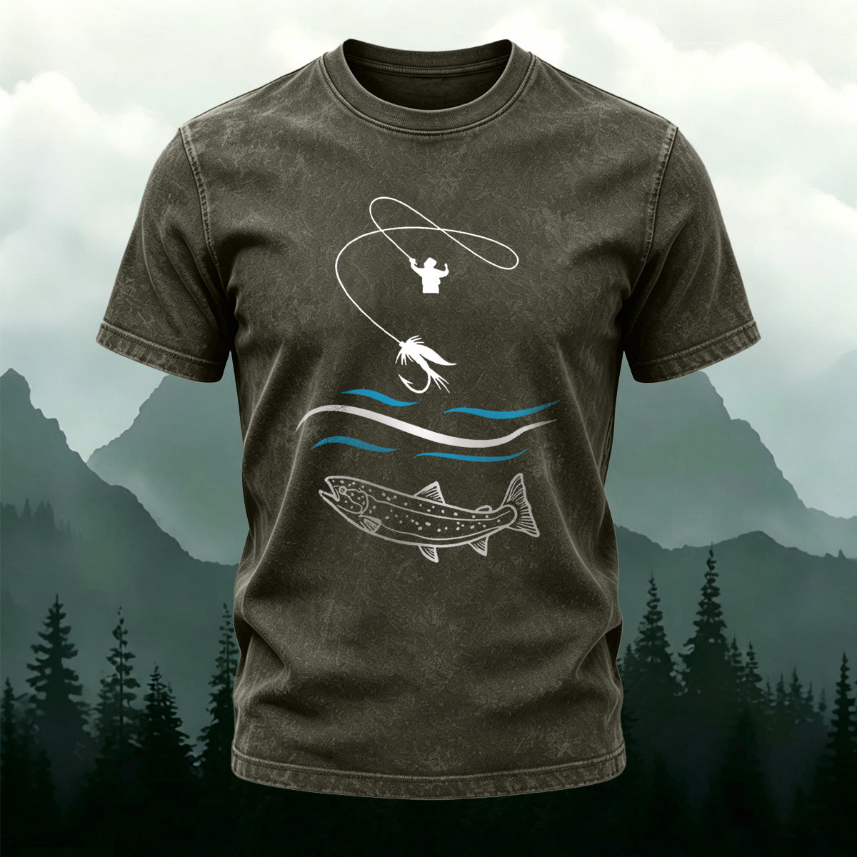 Fishing Pattern Natural Style Ultra-soft Fabric T-Shirt Army Green