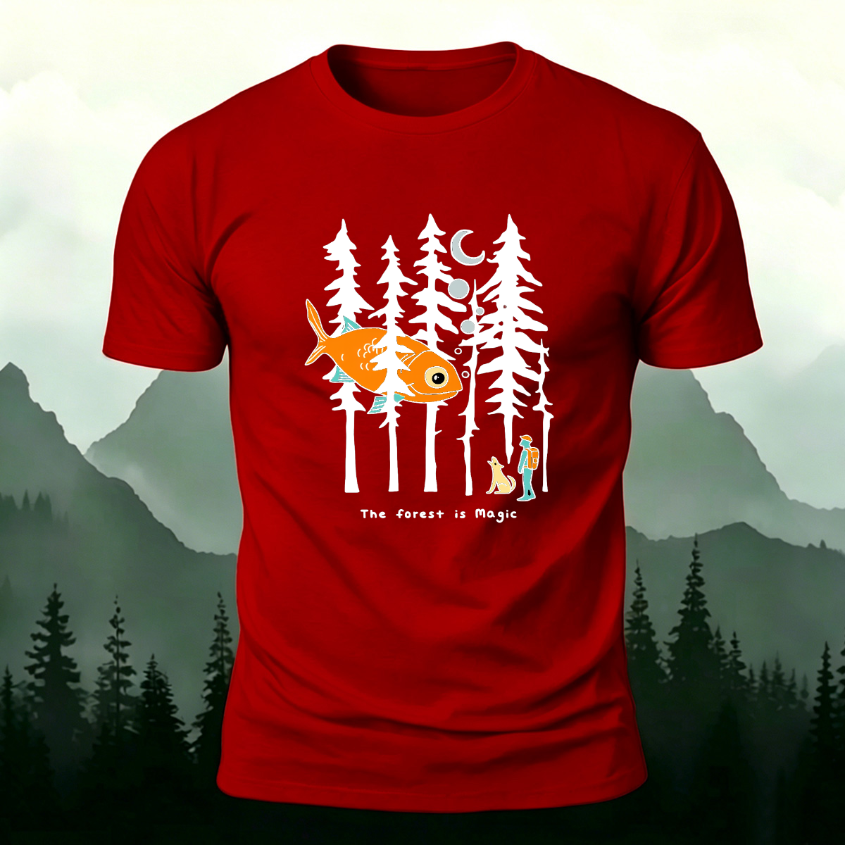 Fun Forest Print Outdoor Skin-friendly Casual T-Shirt Red