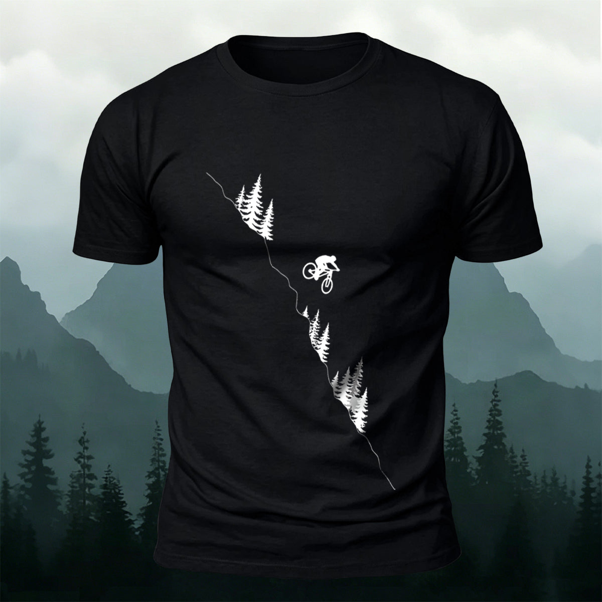 Mountain and Forest Cycling Silhouette Print  Cotton Outdoor T-Shirt