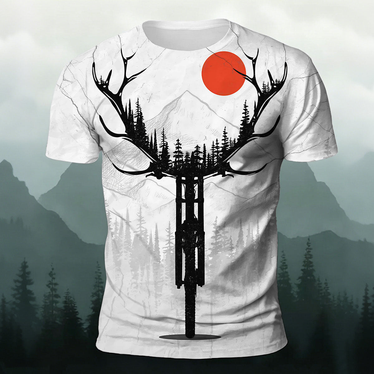 Red Sun Art Deer Head Print Outdoor Cycling T-Shirt