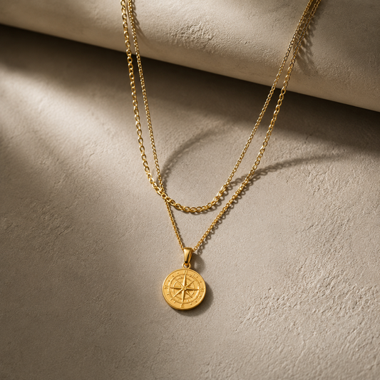 Vintage Double Layer Compass Nautical Pendant Necklace