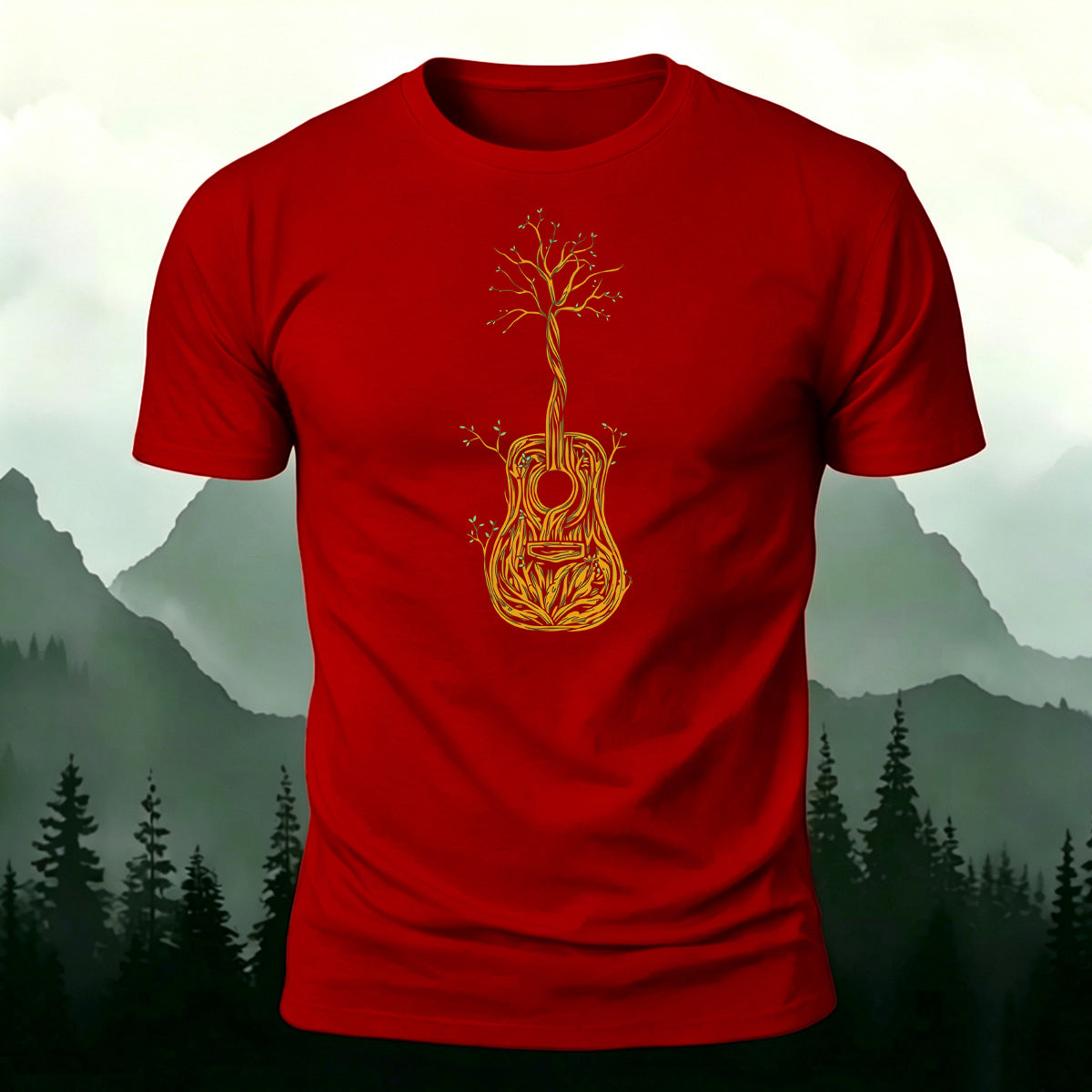 Artistic Tree Print Premium Cotton Casual T-Shirt Red