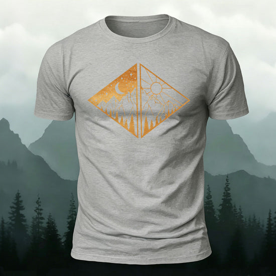 Landscape Art Frame Printed Mountain-style Casual T-Shirt Grey
