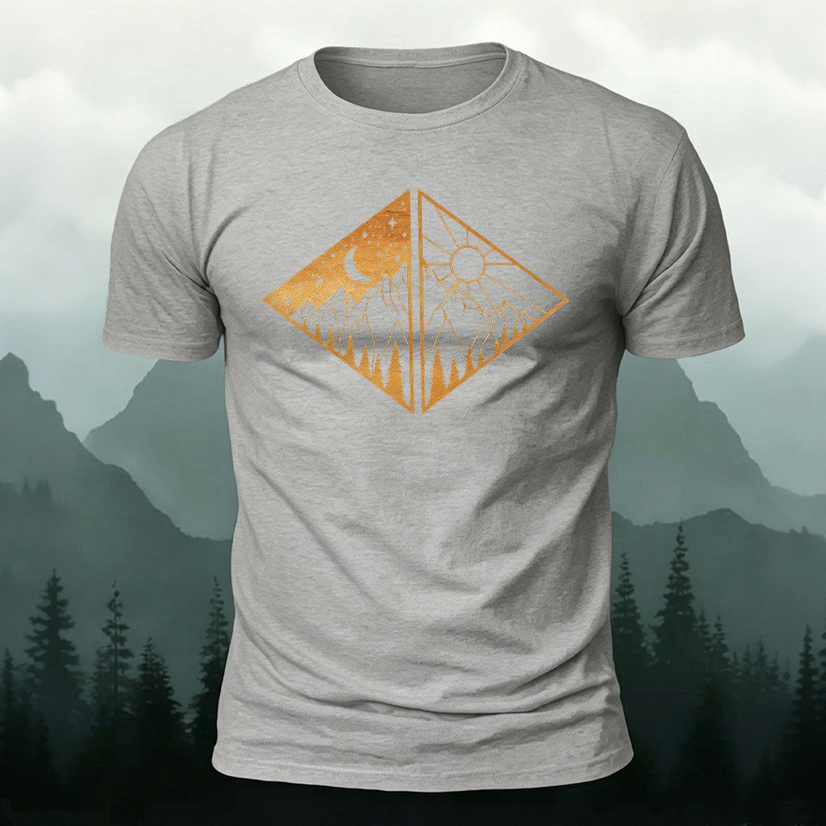 Landscape Art Frame Printed Mountain-style Casual T-Shirt Grey