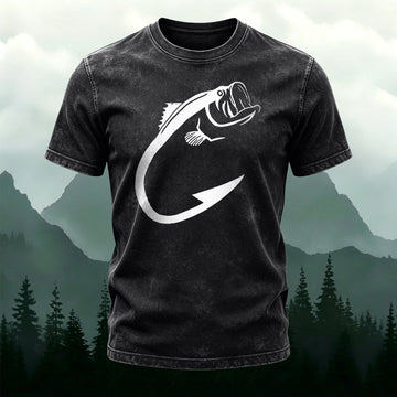 Minimalist Fish Pattern Outdoor Casual Washed Cotton T-Shirt Black