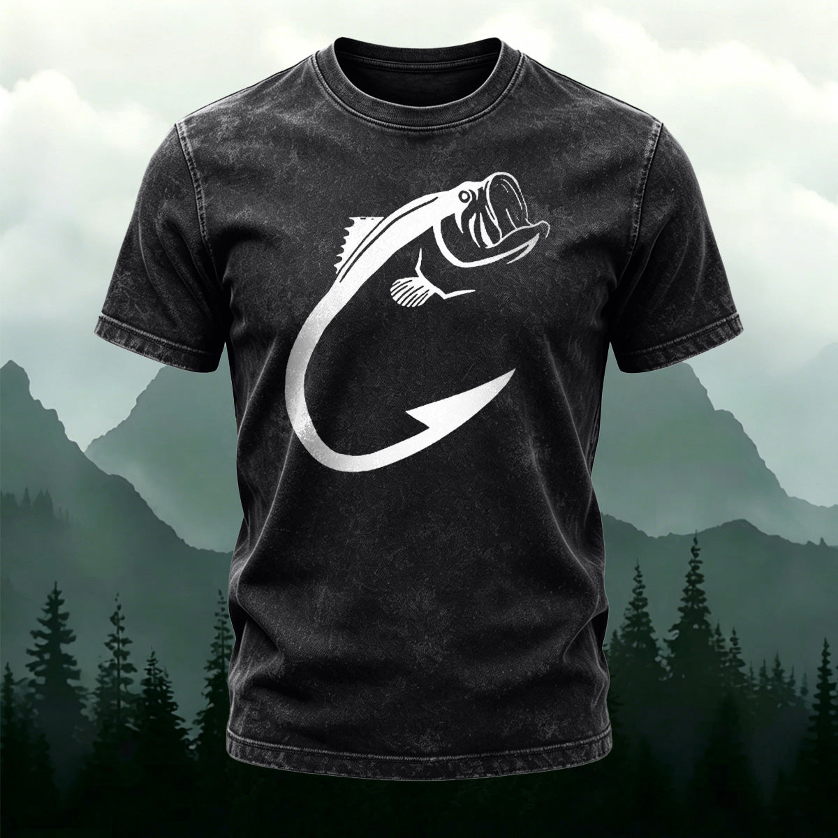 Minimalist Fish Pattern Outdoor Casual Washed Cotton T-Shirt Black