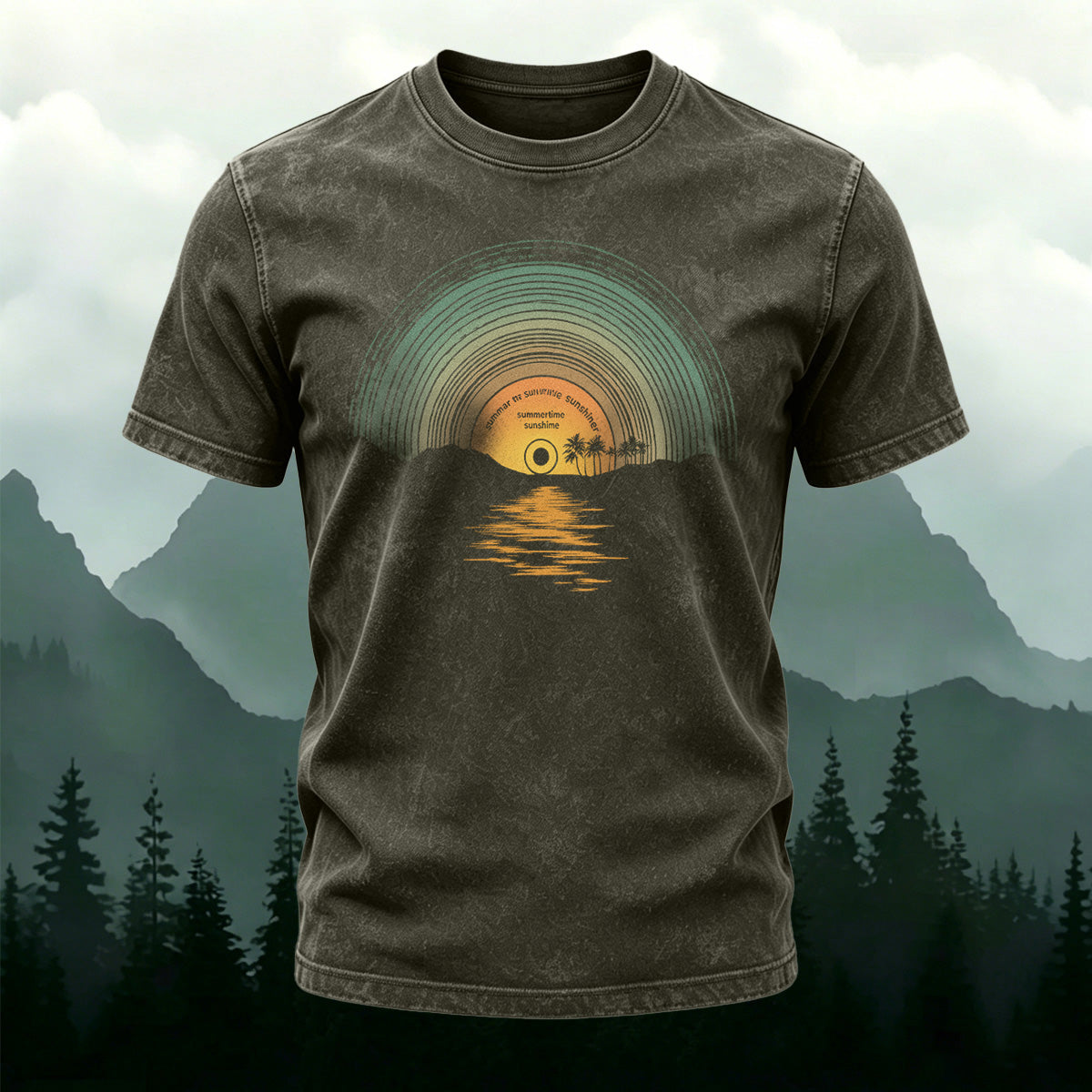 Sunset Pattern Street Casual Washed Cotton T-Shirt