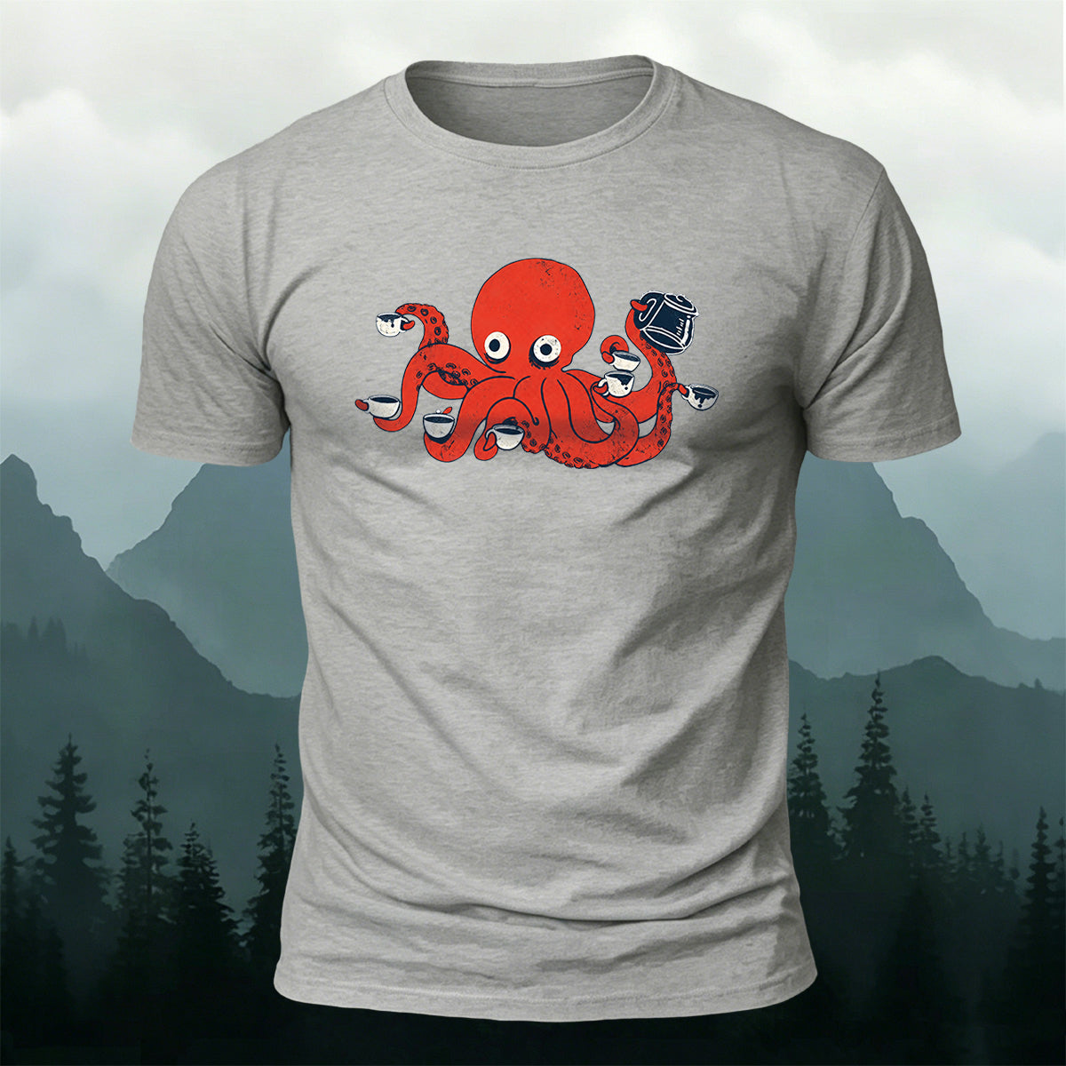 Cartoon Red Octopus Eating Print Comfortable Cotton Tee
