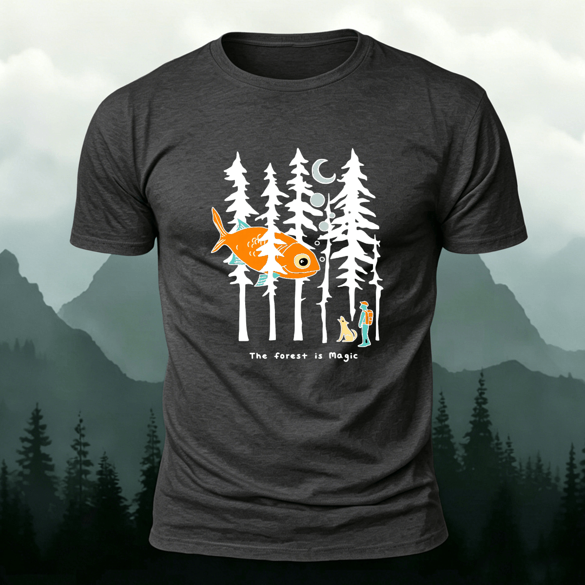 Fun Forest Print Outdoor Skin-friendly Casual T-Shirt Dark grey