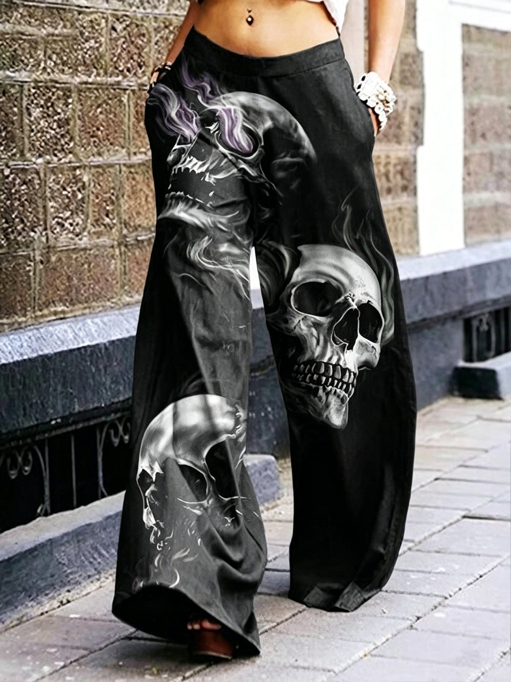 Dark Rock-Style Straight-Leg High-Waisted 3D Skull Work Pants