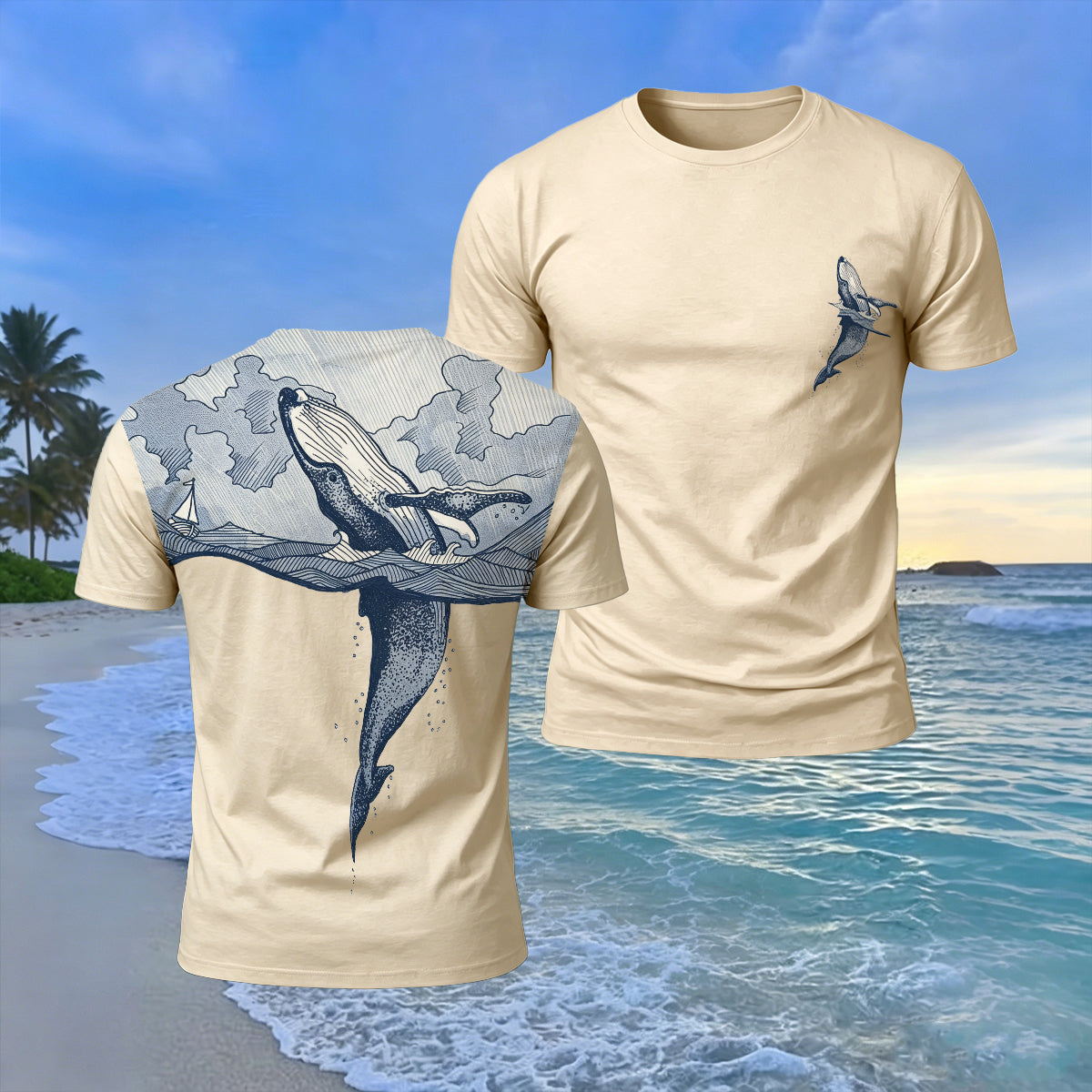 Ocean Whale Back Print Casual Cotton T-Shirt Beige