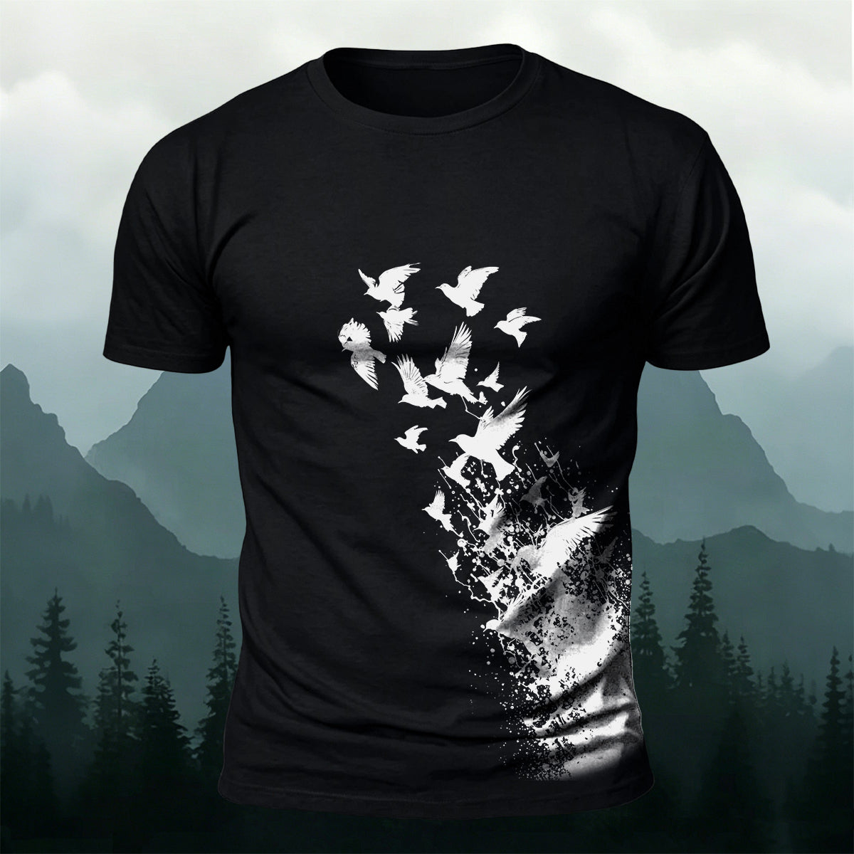 Flying Birds Print Casual 100% Cotton T-Shirt