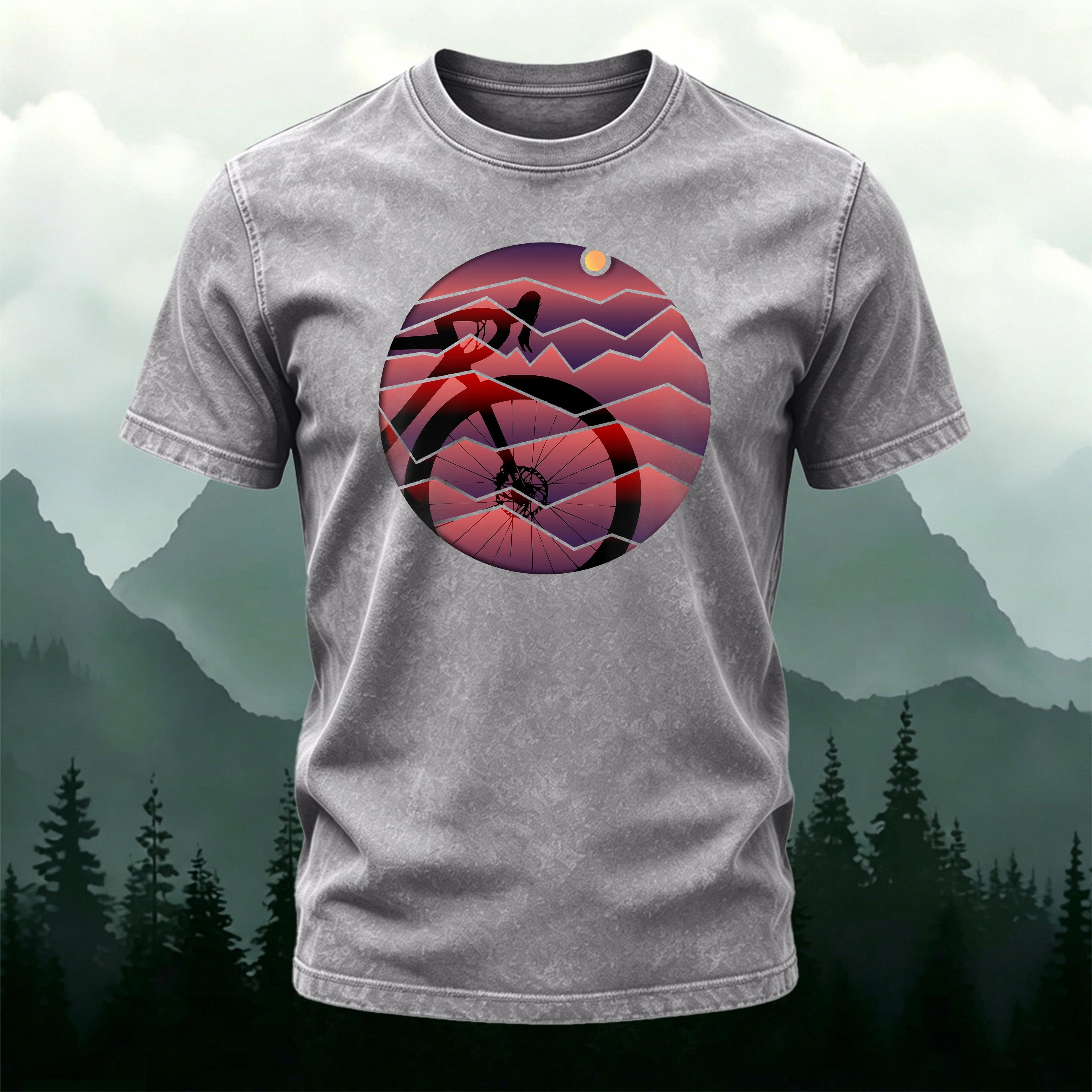 Bicycle Sunset Print Casual Washed Cotton T-Shirt