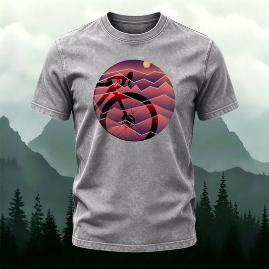 Bicycle Sunset Print Casual Washed Cotton T-Shirt