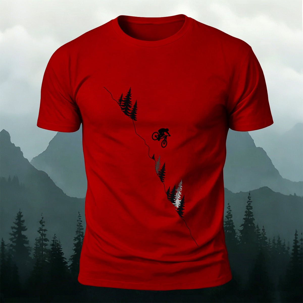 Mountain and Forest Cycling Silhouette Print  Cotton Outdoor T-Shirt