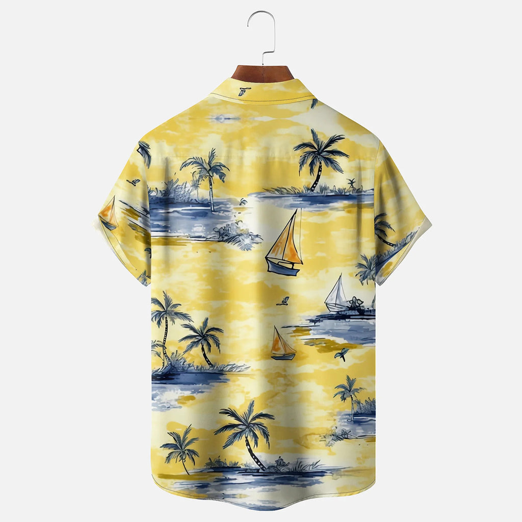 Yellow Sailboat Pattern Casual Floral Shirt 2
