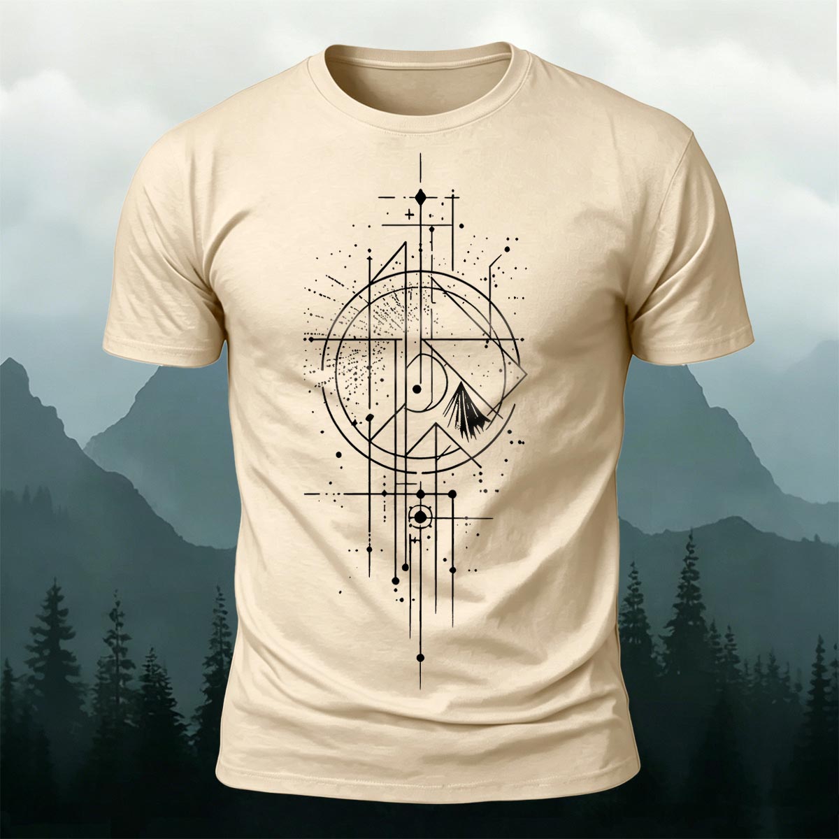 Line Gradient Mountain Print Premium Cotton T-Shirt Beige