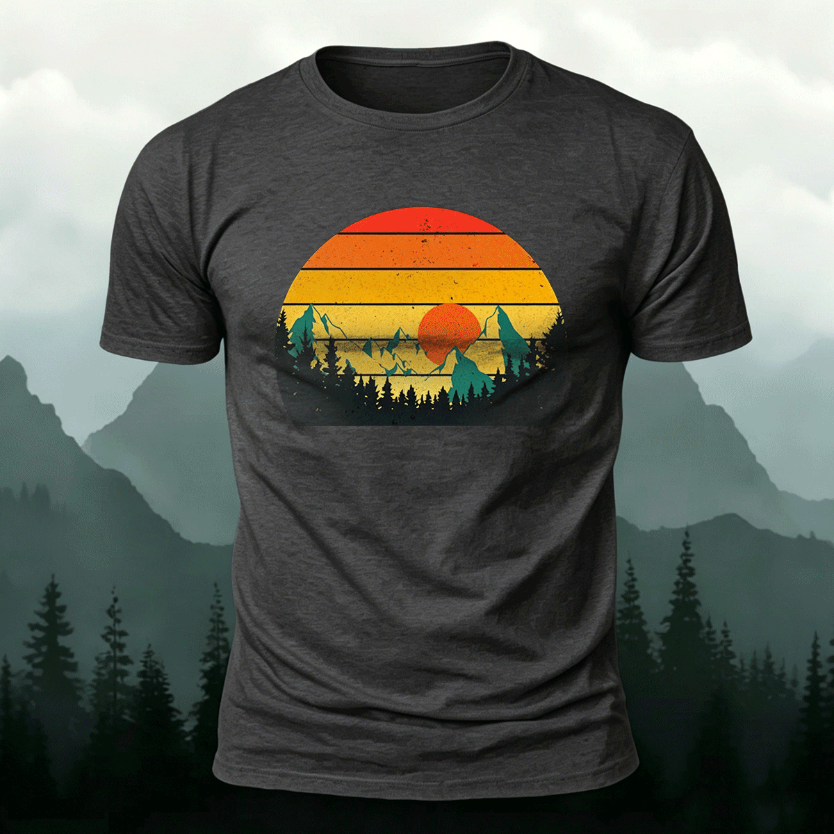 Sunset Scenery Print Vintage Skin-friendly T-Shirt Dark Grey