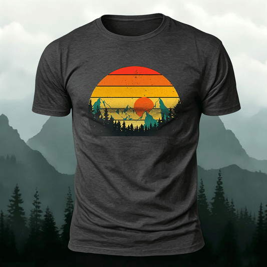Sunset Scenery Print Vintage Skin-friendly T-Shirt Dark Grey