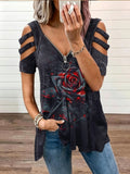 Floral Print V-Neck Zipper Women's Top