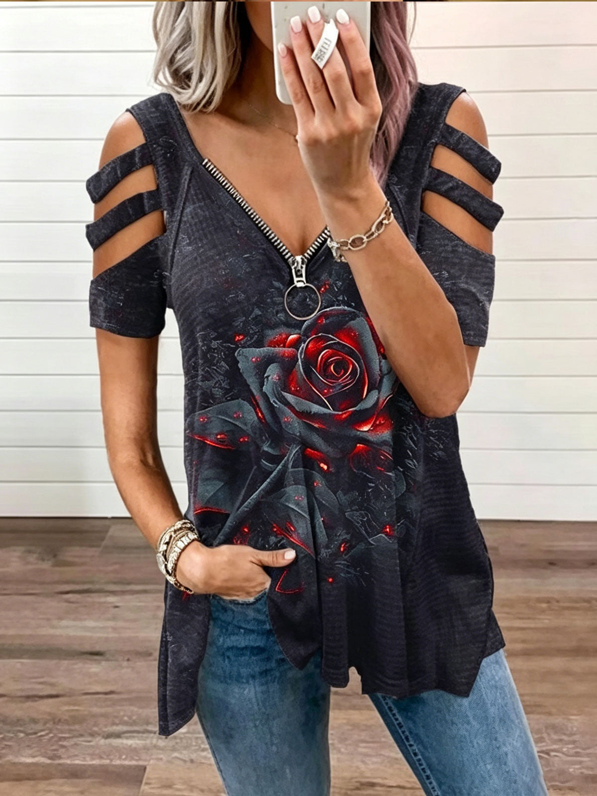 Floral Print V-Neck Zipper Women's Top