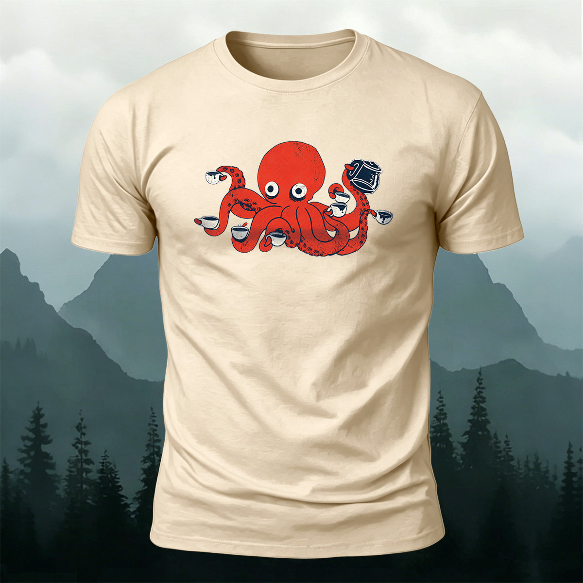 Cartoon Red Octopus Eating Print Comfortable Cotton Tee