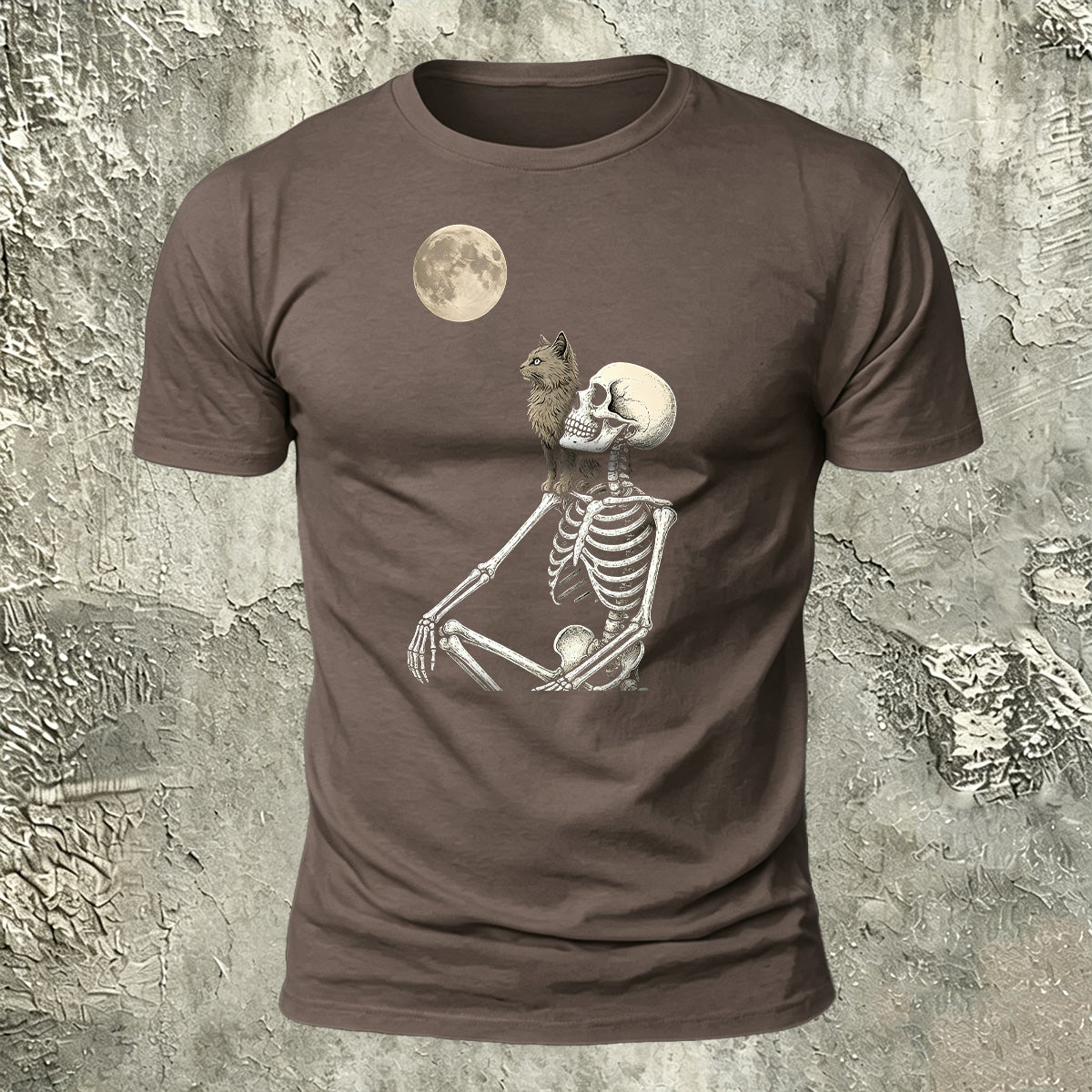 White Skull Moon-Print Casual Cotton T-Shirt