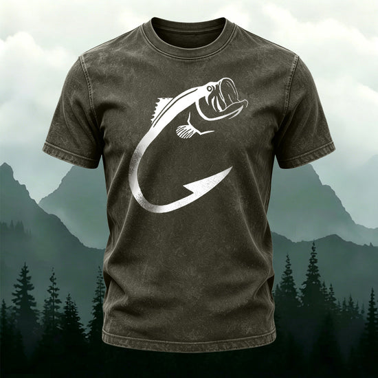 Minimalist Fish Pattern Outdoor Casual Washed Cotton T-Shirt Army Green