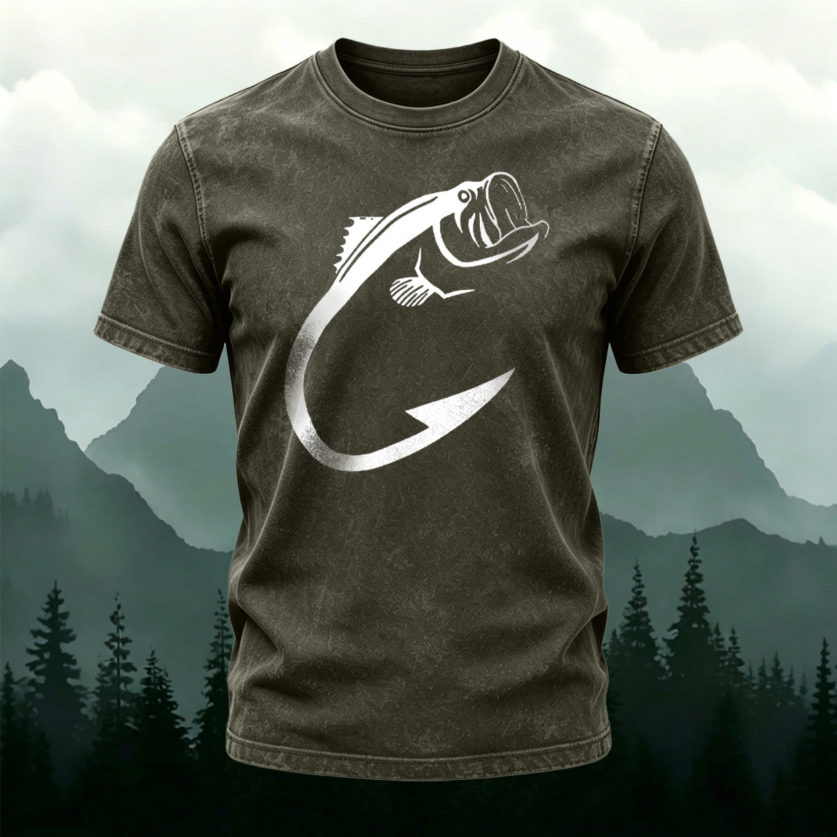 Minimalist Fish Pattern Outdoor Casual Washed Cotton T-Shirt Army Green