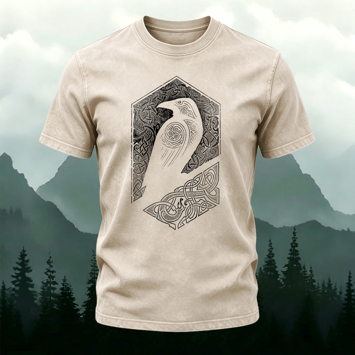 Artistic Bird Print Outdoor Style Washed Cotton T-Shirt