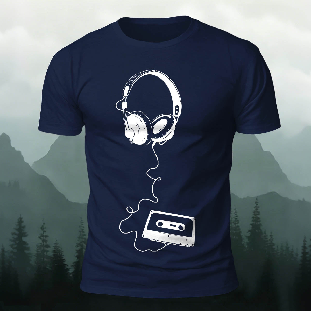 Vintage Headphones Music Print Cotton T-Shirt
