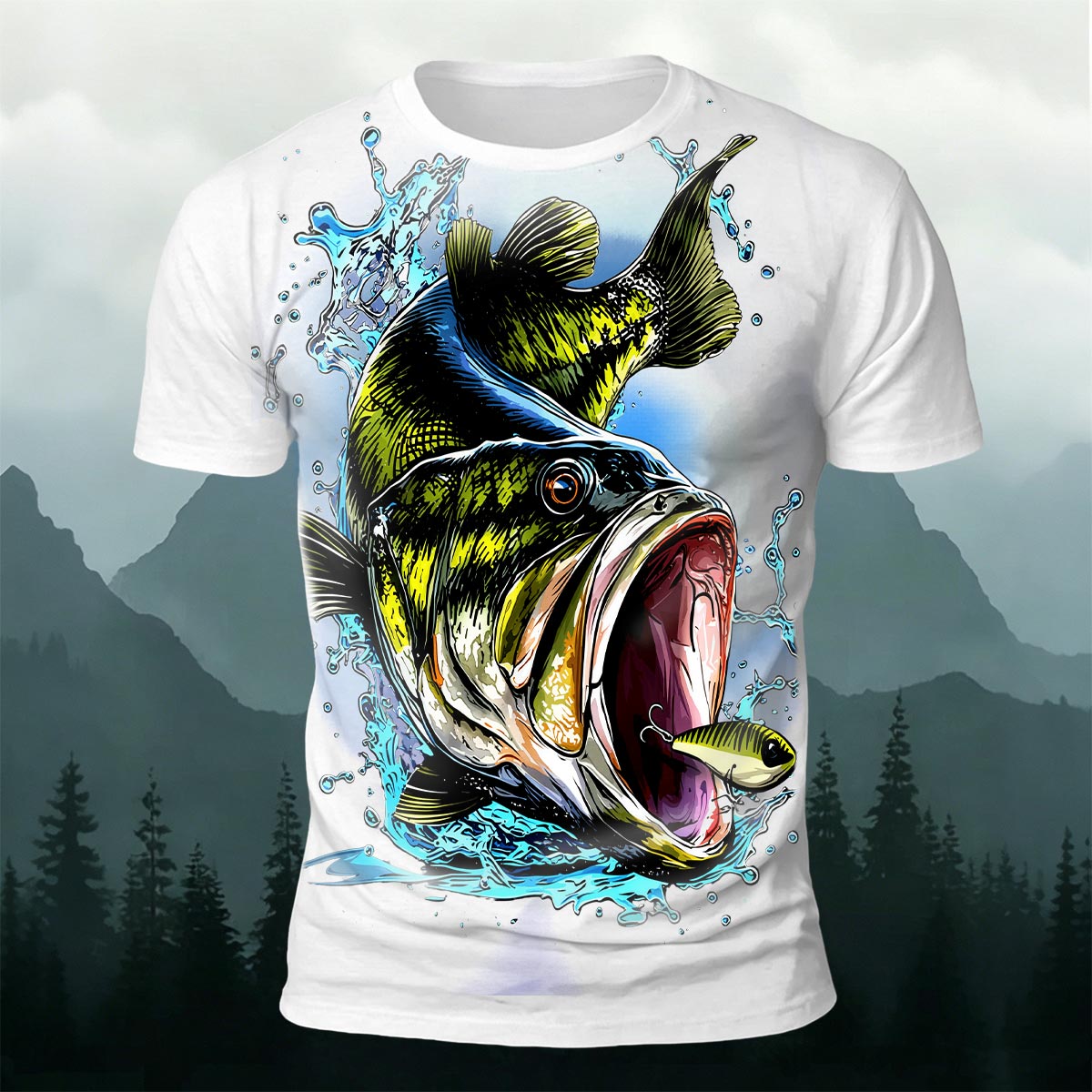 Black Fish Pattern Casual Graffiti Polyester T-Shirt Red