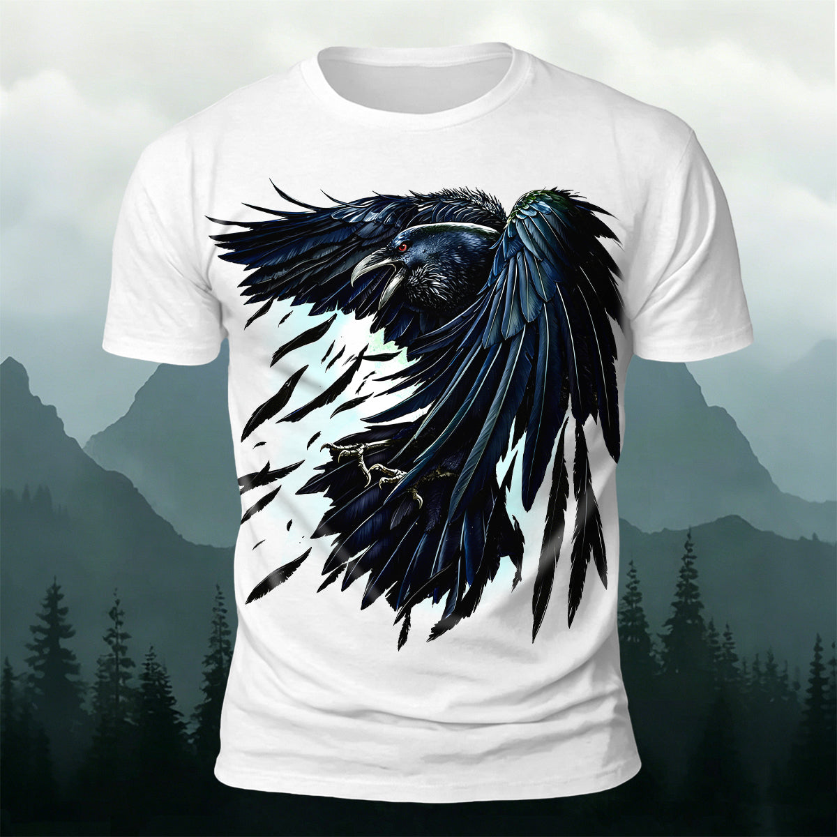 Retro Black Crow Feather Print Casual T-Shirt