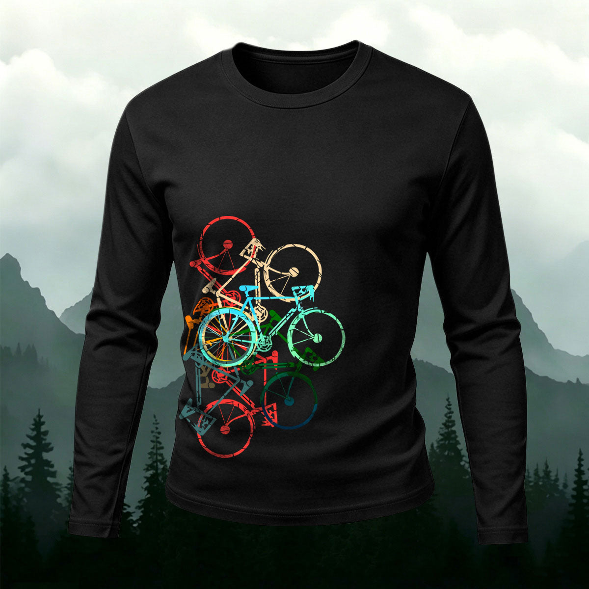 Colorful Bicycle Print Casual Cotton Long-Sleeve T-Shirt