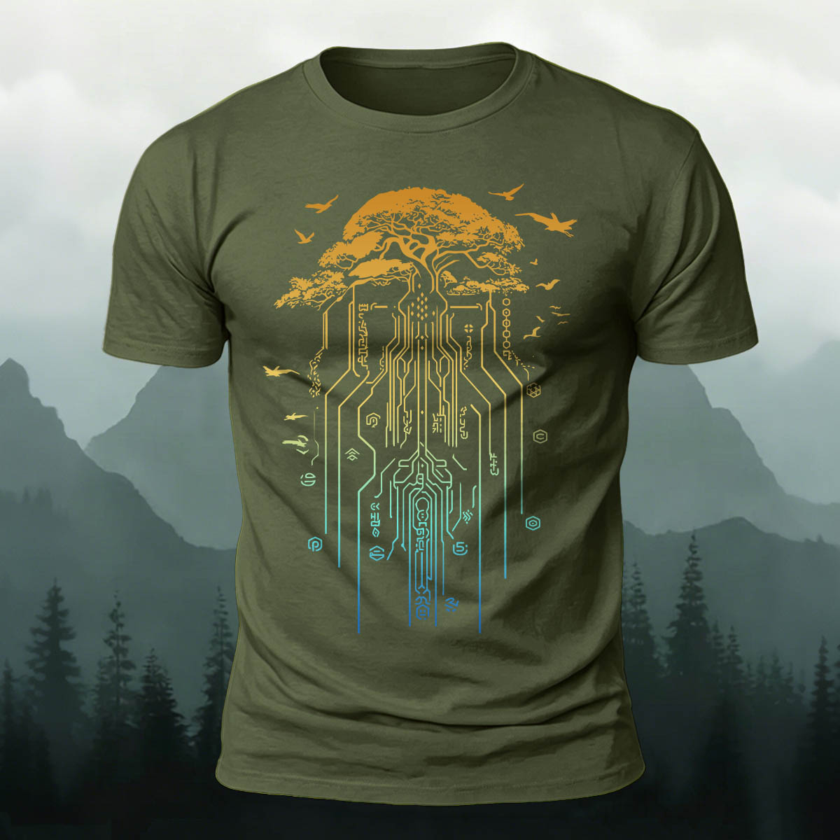 Line Tree Root Casual Skin-Friendly T-Shirt
