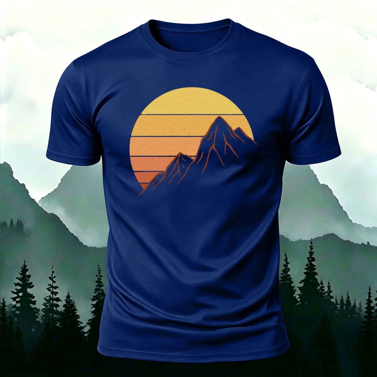 Sunlit Golden Mountain Print Casual Combed Cotton T-Shirt Blue