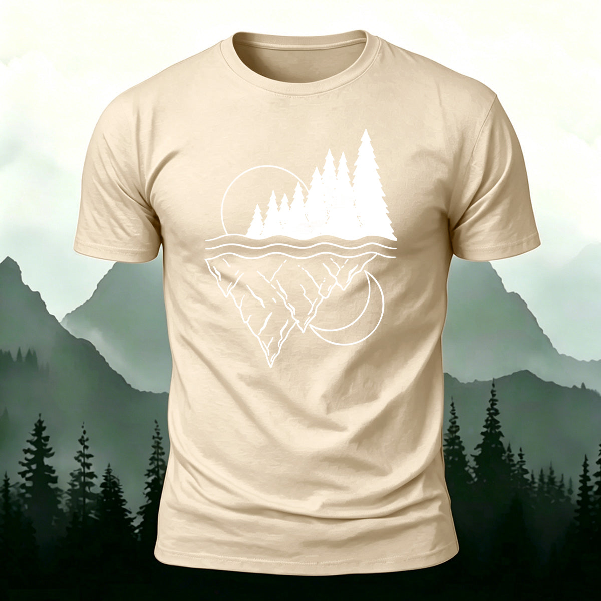 Line-drawn Landscape Pattern Soft-touch Feel T-Shirt Beige