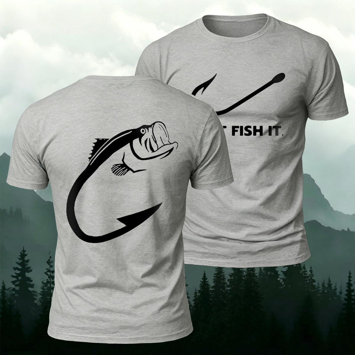 Fish and Hook Pattern Outdoor Style Casual T-Shirt Grey