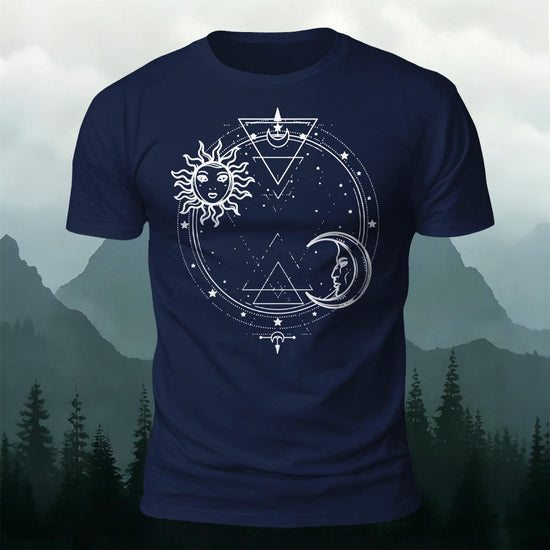 Sun and Moon Print Casual Cotton T-Shirt Navy