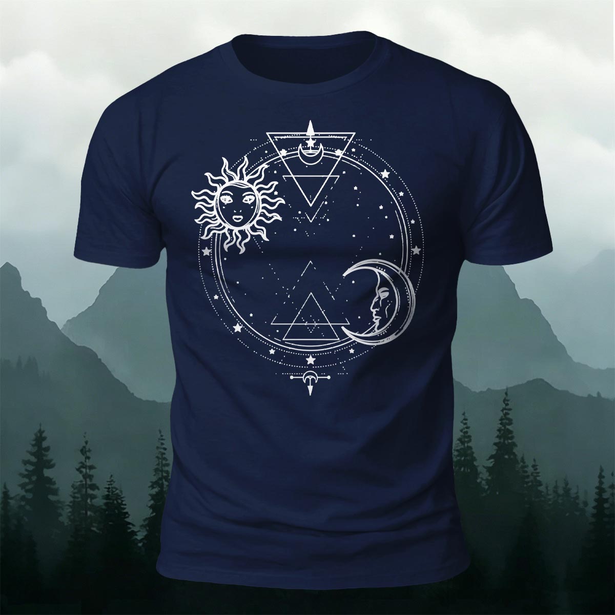 Sun and Moon Print Casual Cotton T-Shirt Navy