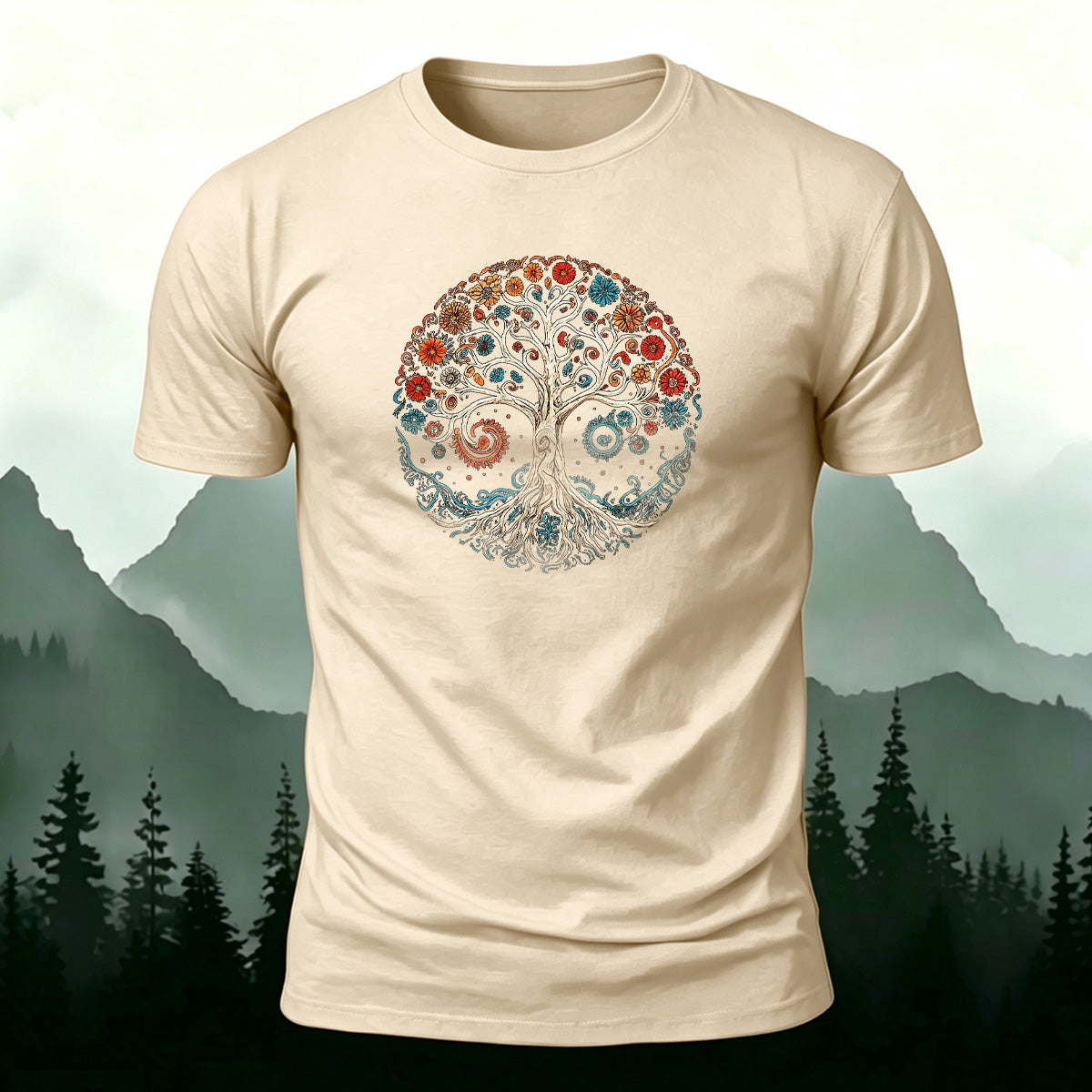 Bloom Tree Print Soft-touch Feel Cotton T-Shirt Beige